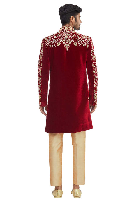 Men's Maroon Silk Embroidered Full Sleeve Sherwani Set