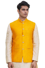 Men's Yellow Silk Embroidered Full Sleeve Sherwani Set