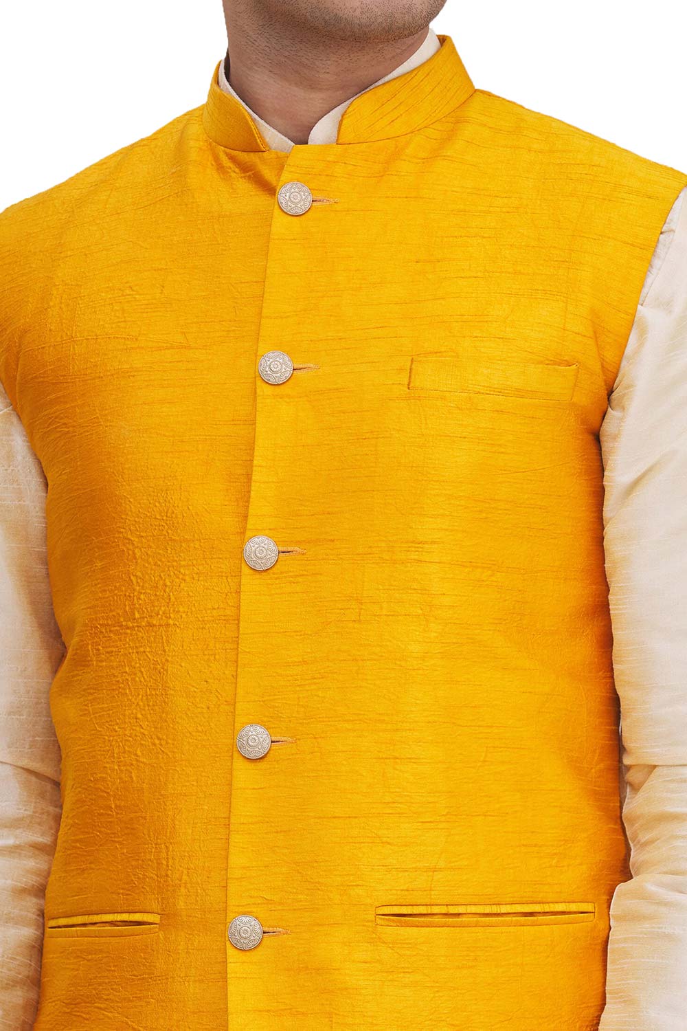 Men's Yellow Silk Embroidered Full Sleeve Sherwani Set