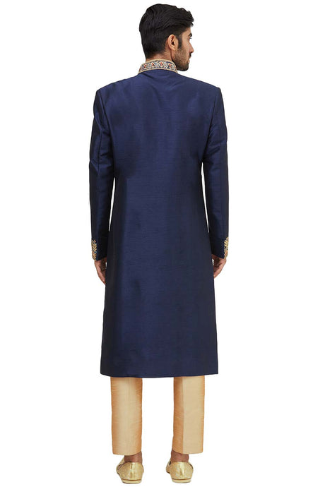 Men's Navy Blue Silk Embroidered Full Sleeve Sherwani Set