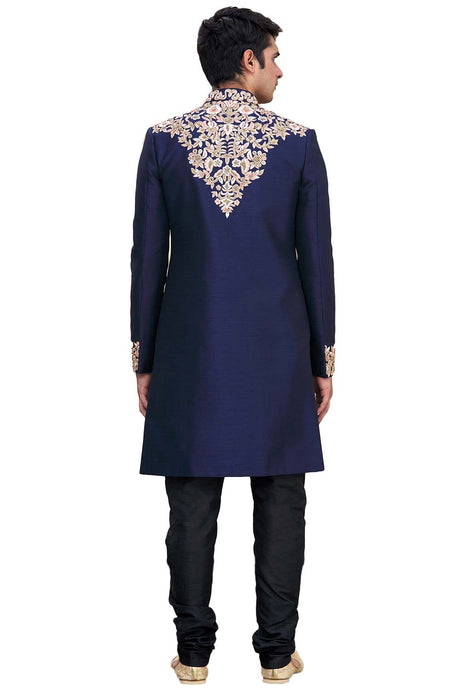 Men's Navy Blue Silk Embroidered Full Sleeve Sherwani Set