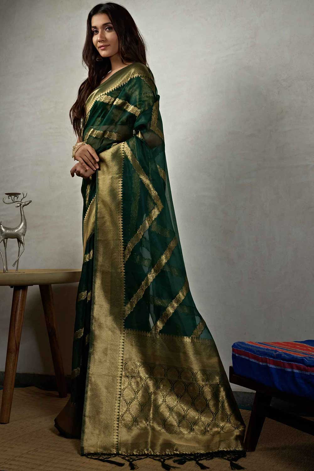 Dark Green Organza Zari Saree