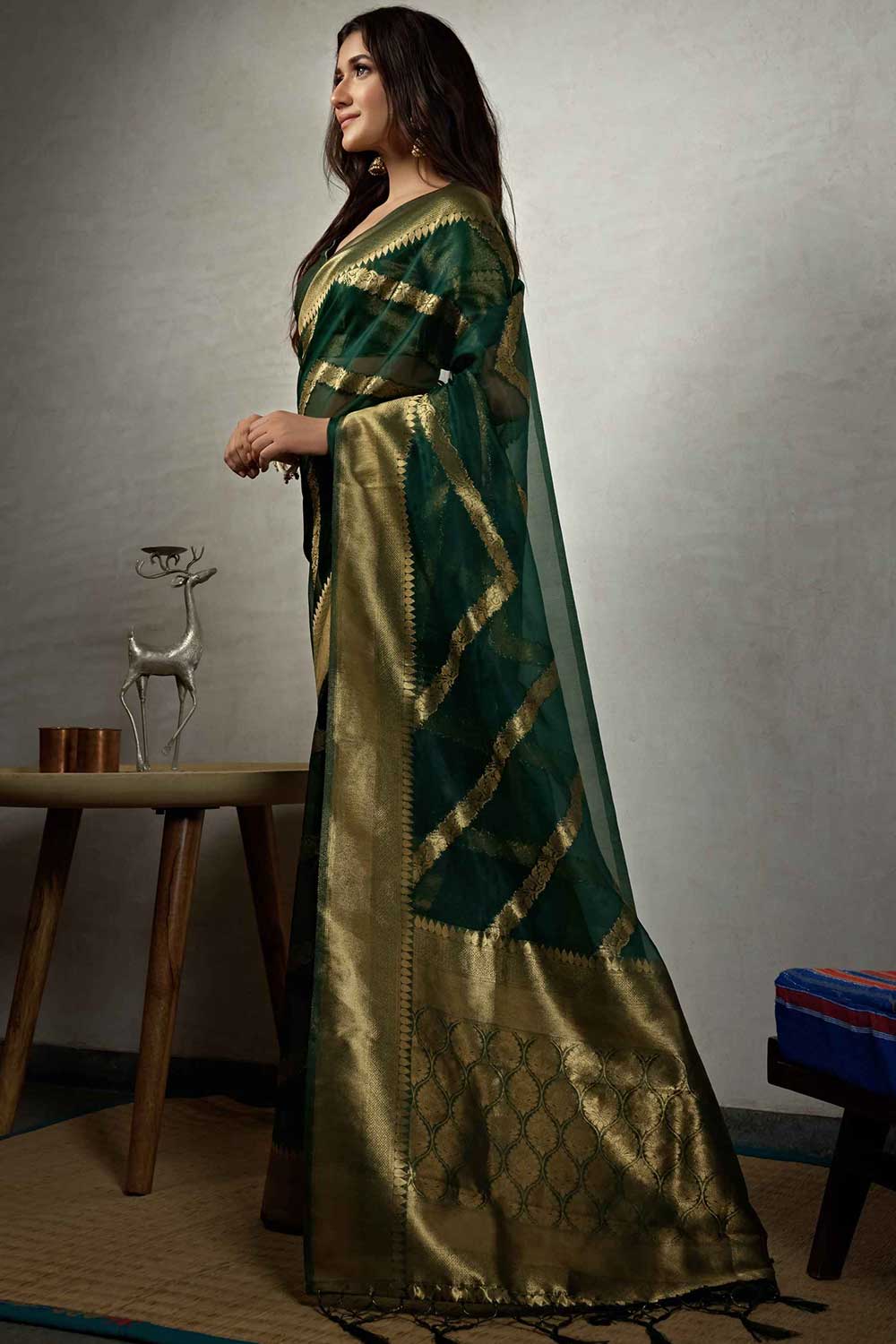 Dark Green Organza Zari Saree