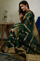 Dark Green Organza Zari Saree