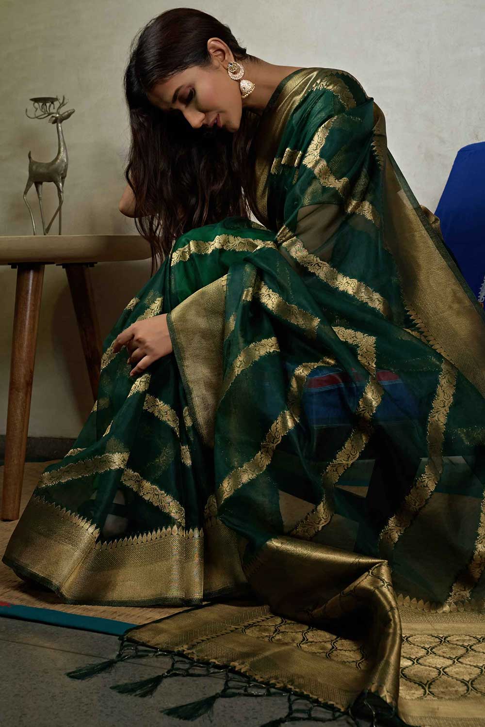 Dark Green Organza Zari Saree