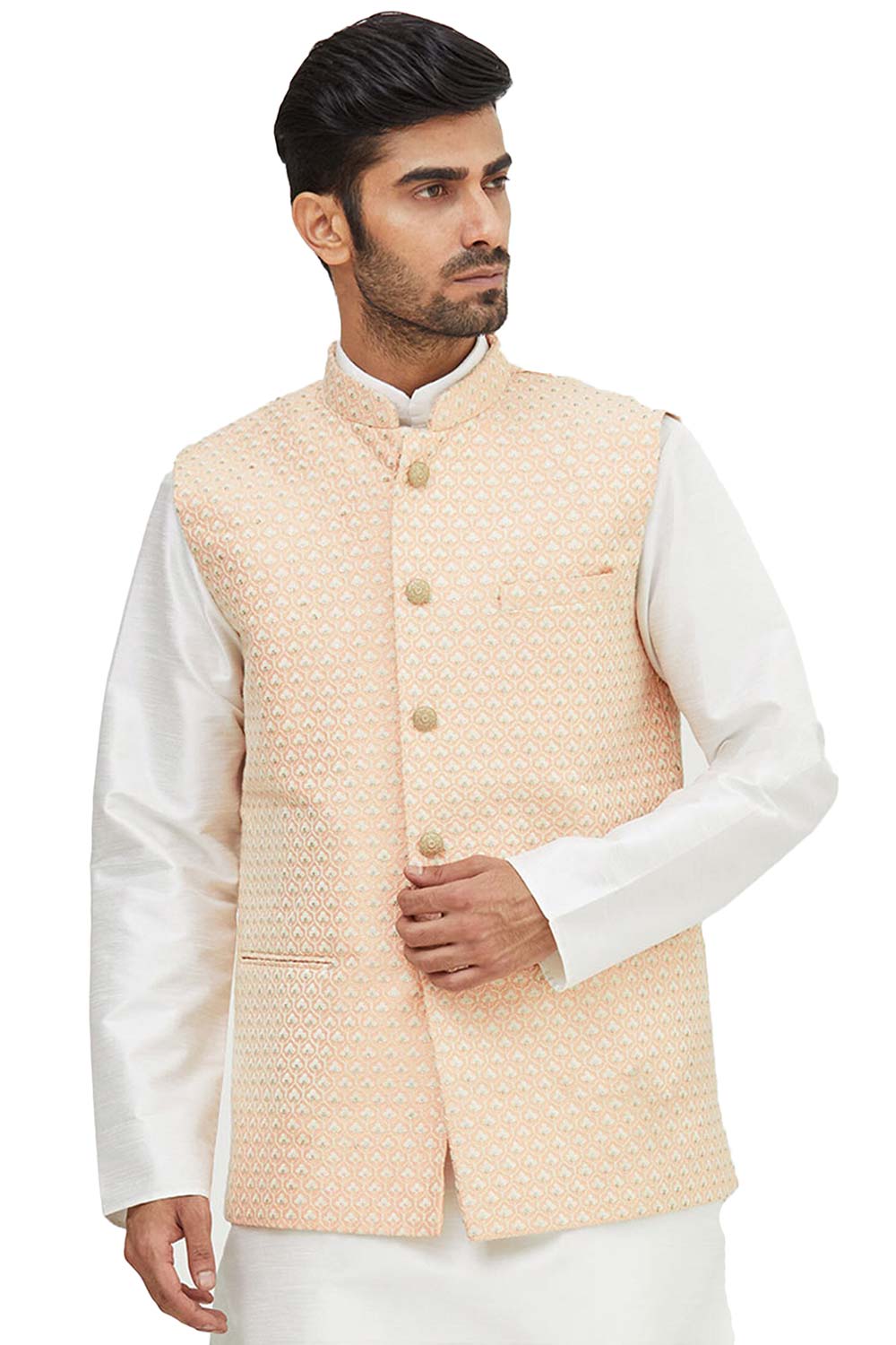 Men's Beige Art Silk Embroidered Kurta Pajama Jacket Set