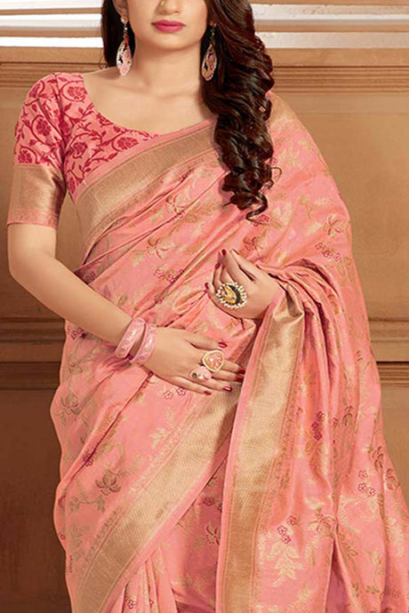 Buy Banarasi Art Silk Woven Saree in Peach - Back