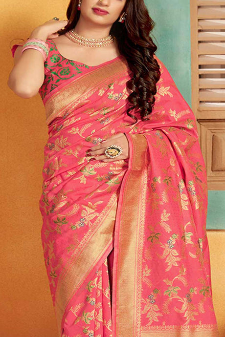 Buy Banarasi Art Silk Woven Saree in Pink - Back