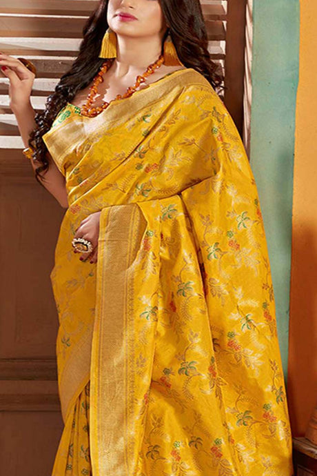 Buy Banarasi Art Silk Woven Saree in Yellow - Back