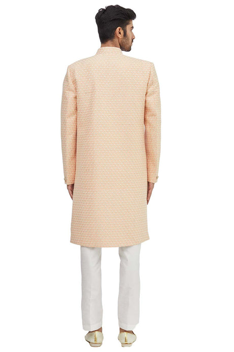 Men's Beige Silk Embroidered Full Sleeve Sherwani Set