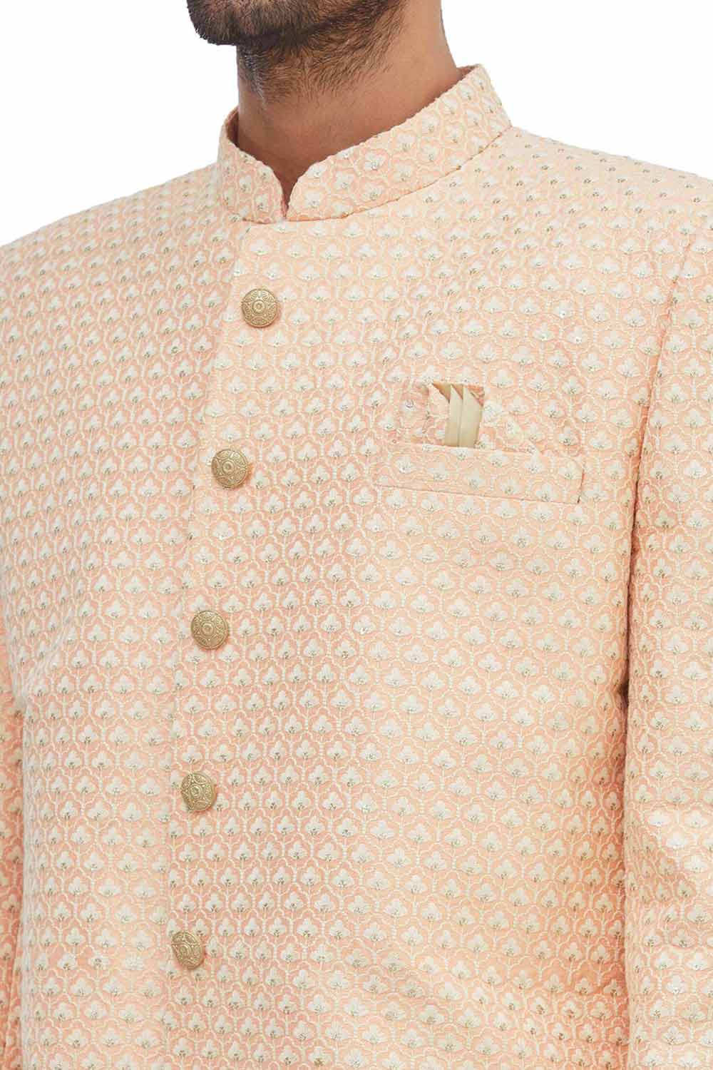 Men's Beige Silk Embroidered Full Sleeve Sherwani Set