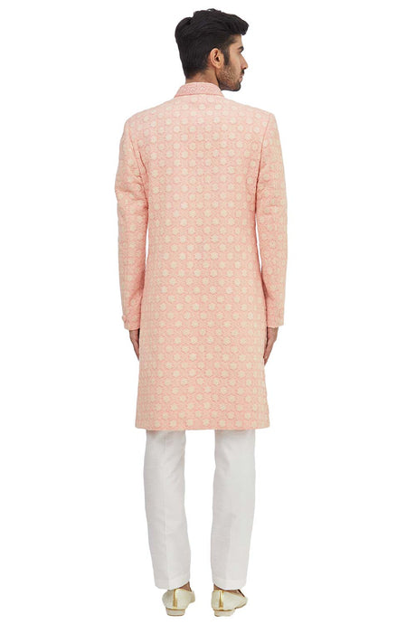 Men's Pink Silk Embroidered Full Sleeve Sherwani Set
