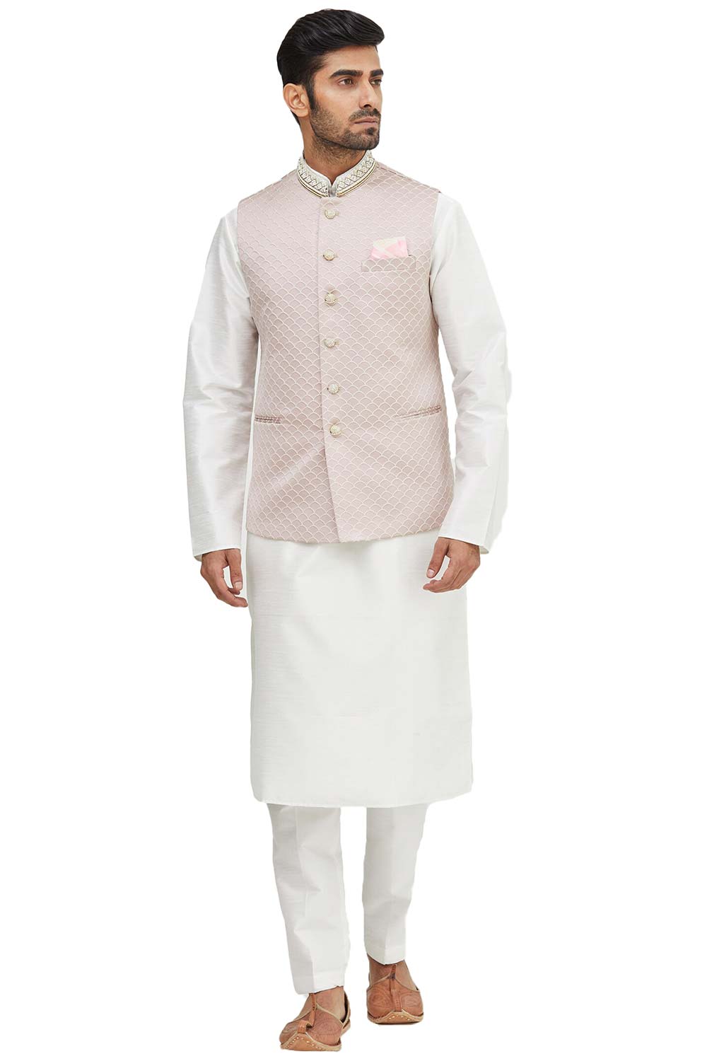 Jacket Style Pure Cream Men Kurta Pajama MKPA01411