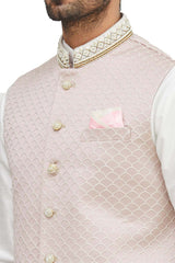 Men's Pink Art Silk Embroidered Kurta Pajama Jacket Set