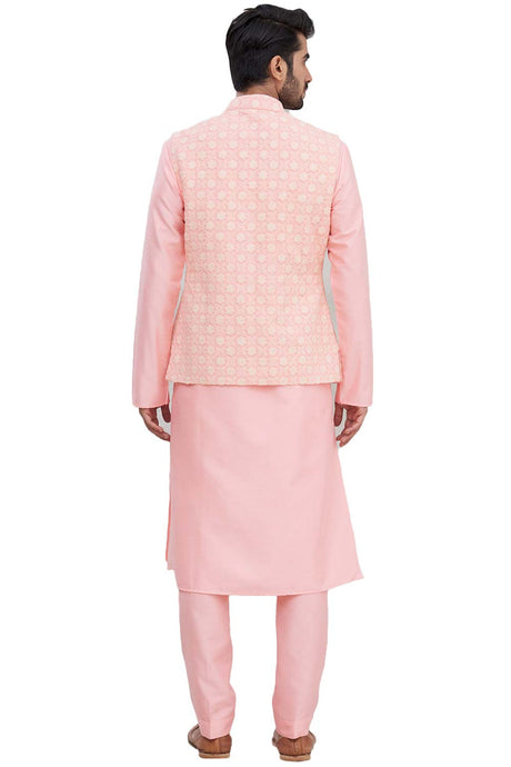 Men's Pink Art Silk Embroidered Kurta Pajama Jacket Set