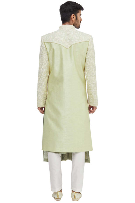 Men's Pista Green Silk Embroidered Full Sleeve Sherwani Set