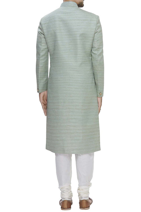 Men's Grey Silk Embroidered Full Sleeve Sherwani Set