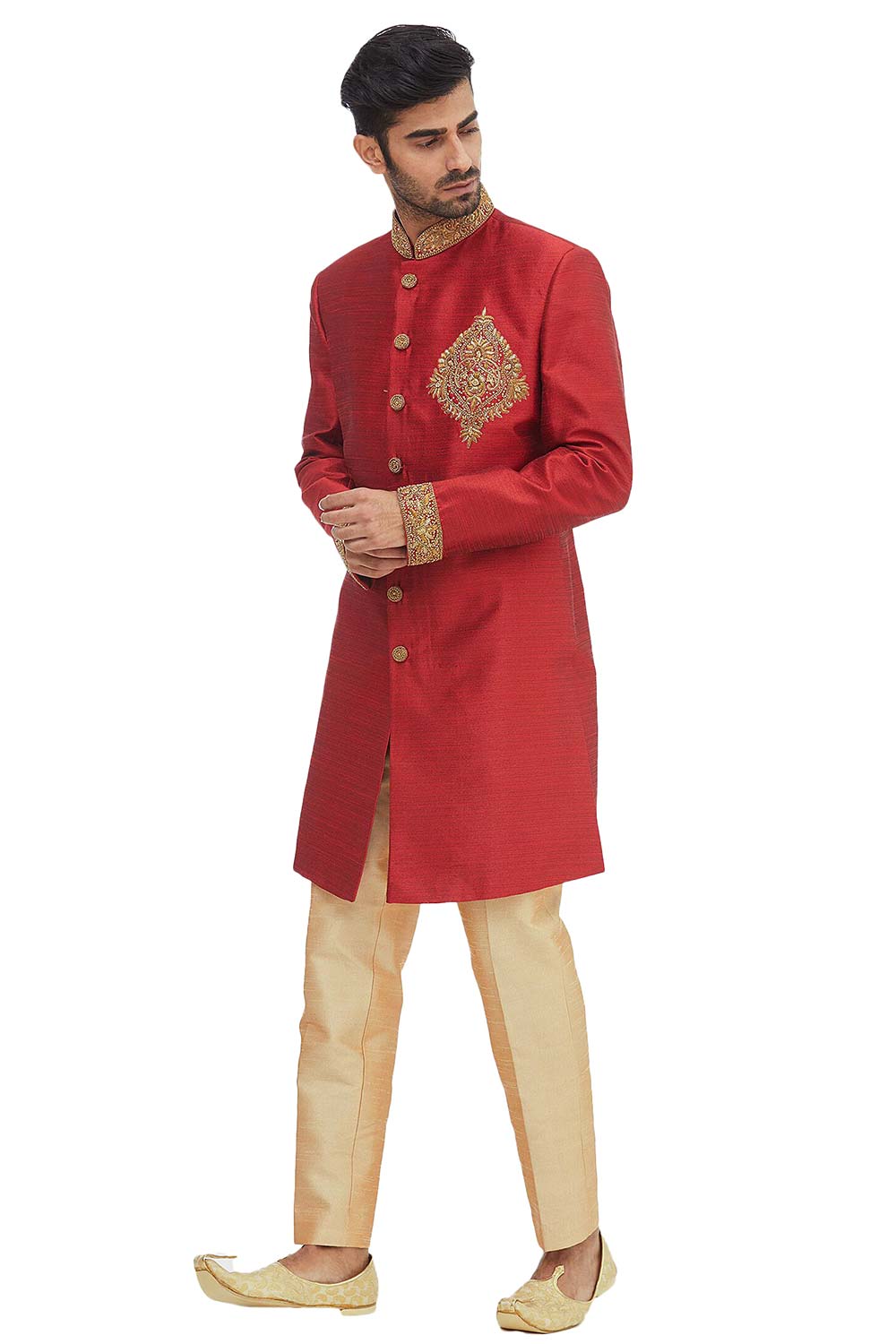 Men's Red Silk Embroidered Full Sleeve Sherwani Set