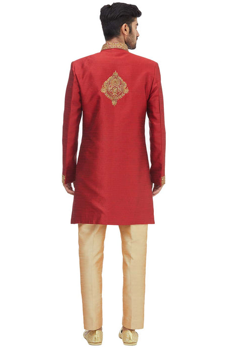 Men's Red Silk Embroidered Full Sleeve Sherwani Set