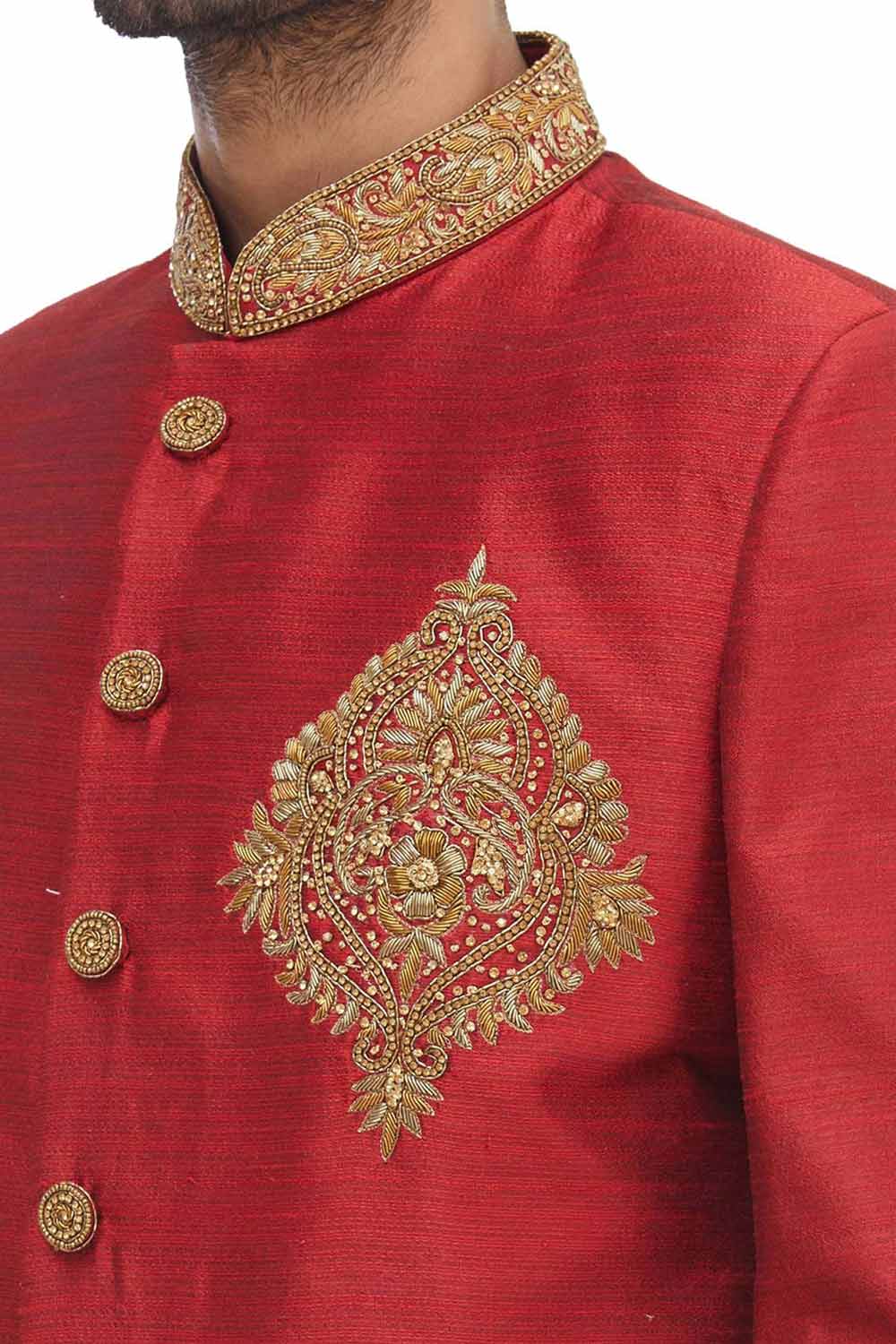 Men's Red Silk Embroidered Full Sleeve Sherwani Set