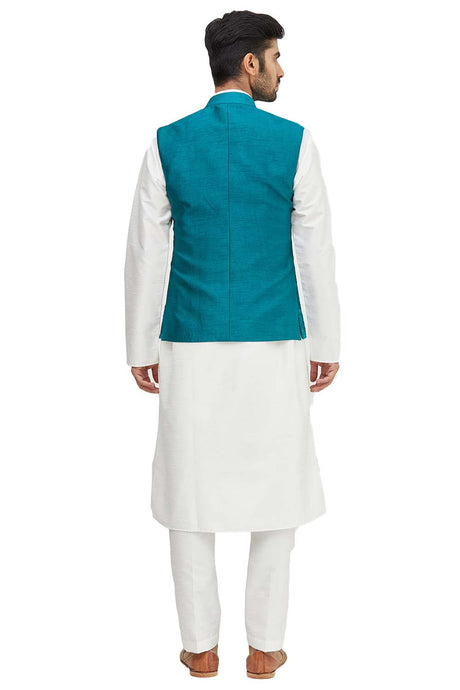 Men's Teal Blue Art Silk Embroidered Kurta Pajama Jacket Set