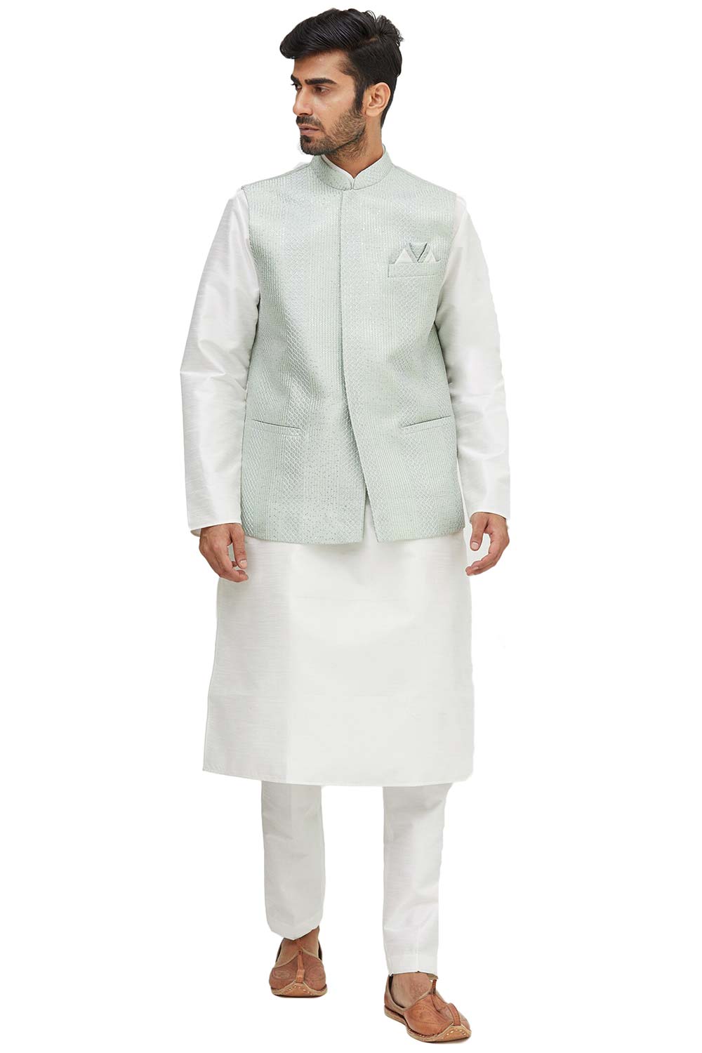 Men's Chinese Collar White Art Silk Embroidered Kurta Pajama Jacket Set