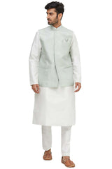 Men's Chinese Collar White Art Silk Embroidered Kurta Pajama Jacket Set