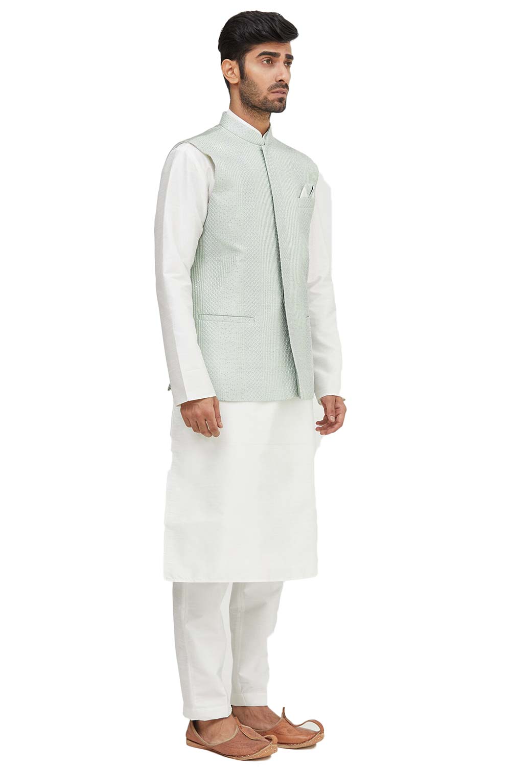 Men's Chinese Collar White Art Silk Embroidered Kurta Pajama Jacket Set