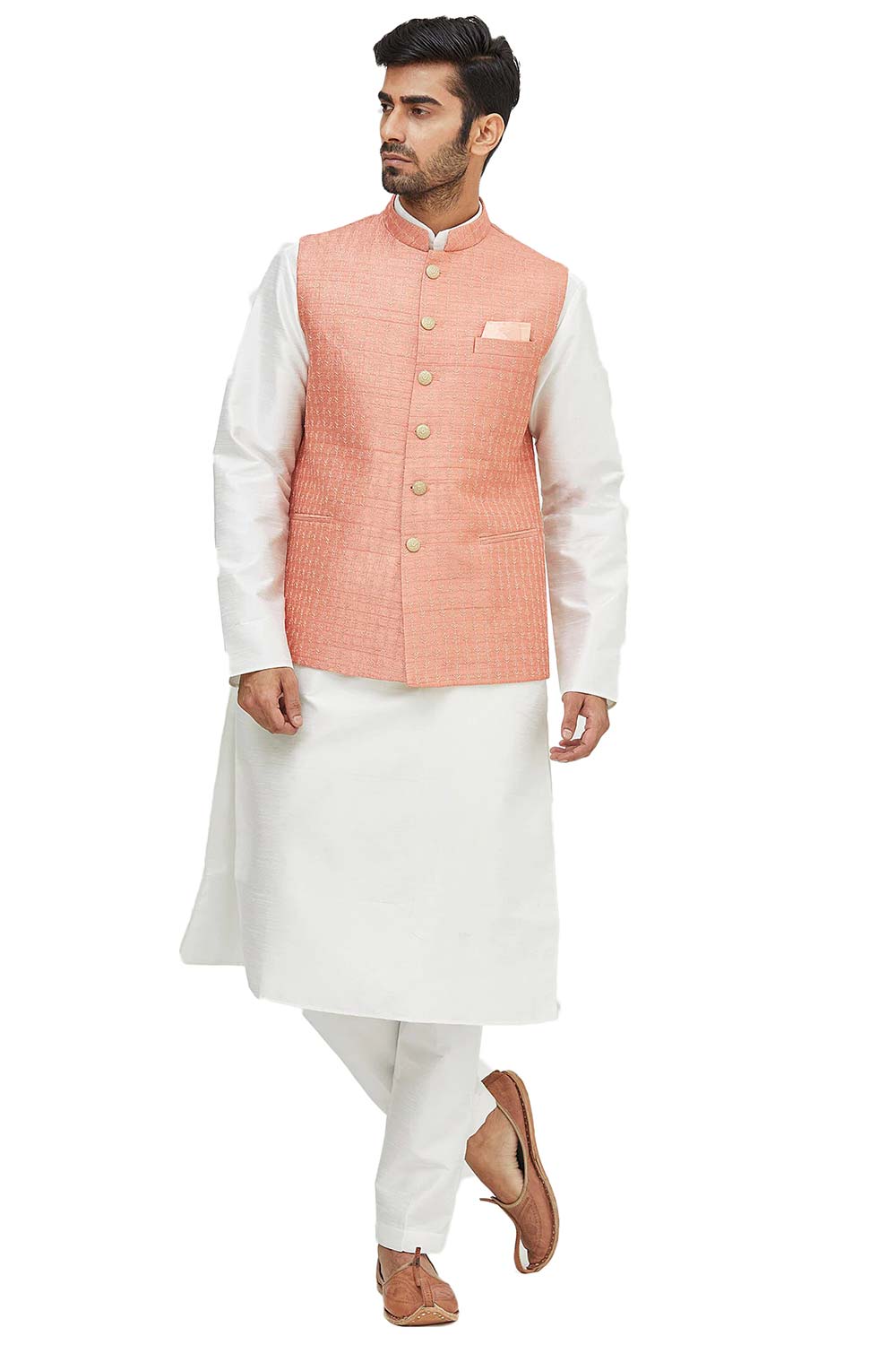 Men's Peach Art Silk Embroidered Kurta Pajama Jacket Set