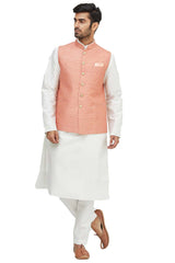 Men's Peach Art Silk Embroidered Kurta Pajama Jacket Set