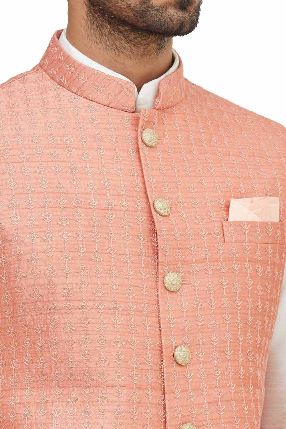 Men's Peach Art Silk Embroidered Kurta Pajama Jacket Set