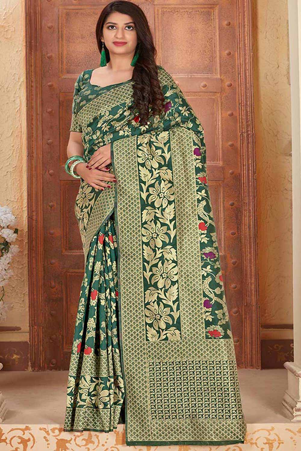 Buy Banarasi Art Silk Zari Woven Saree in Dark Green - Back