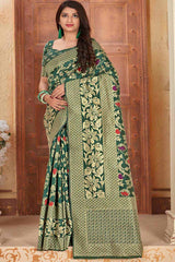 Buy Banarasi Art Silk Zari Woven Saree in Dark Green - Back