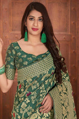 Buy Banarasi Art Silk Zari Woven Saree in Dark Green - Front