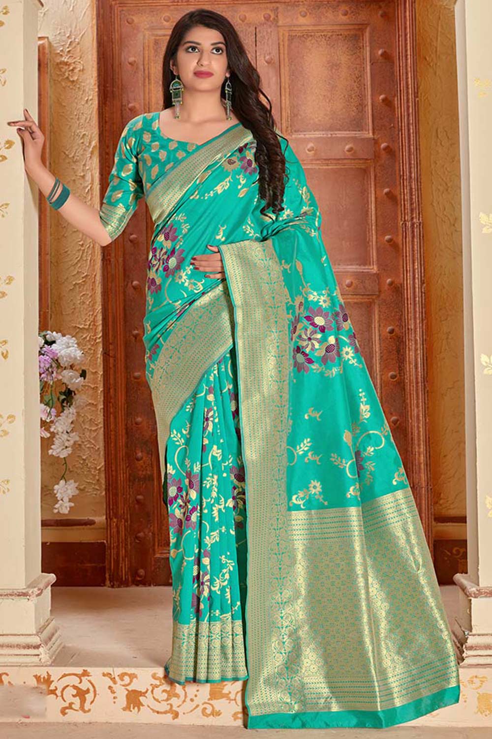 Buy Banarasi Art Silk Zari Woven Saree in Turquoise Online