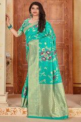 Buy Banarasi Art Silk Zari Woven Saree in Turquoise - Back