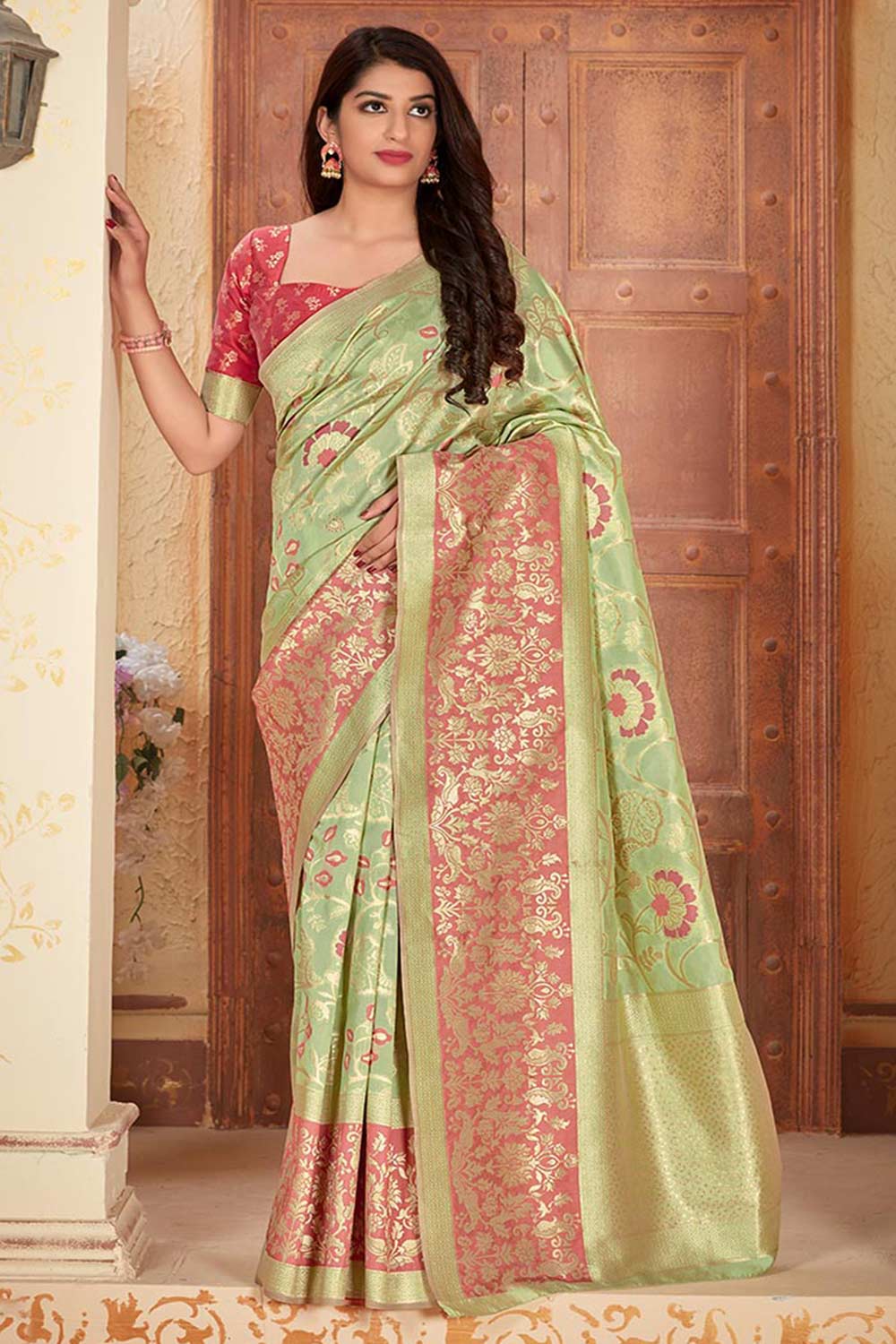 Buy Banarasi Art Silk Zari Woven Saree in Light Green Online