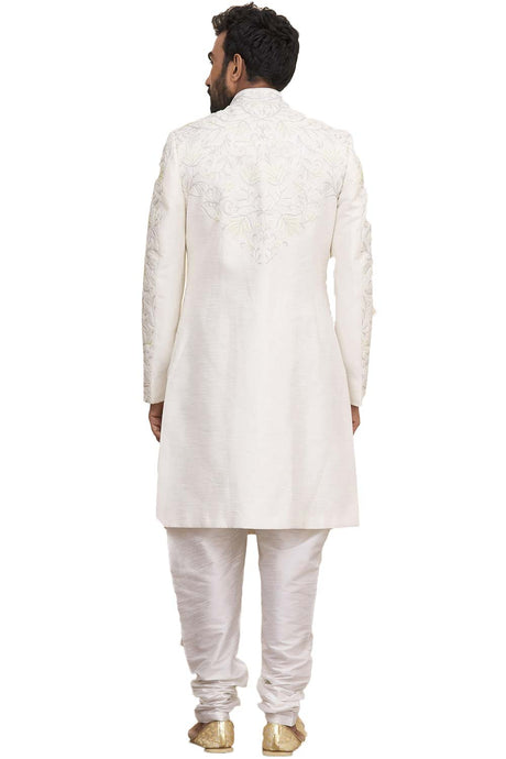 Men's Cream Silk Embroidered Full Sleeve Sherwani Set