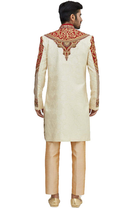 Men's Fawn Brocade Silk Embroidered Full Sleeve Sherwani Set