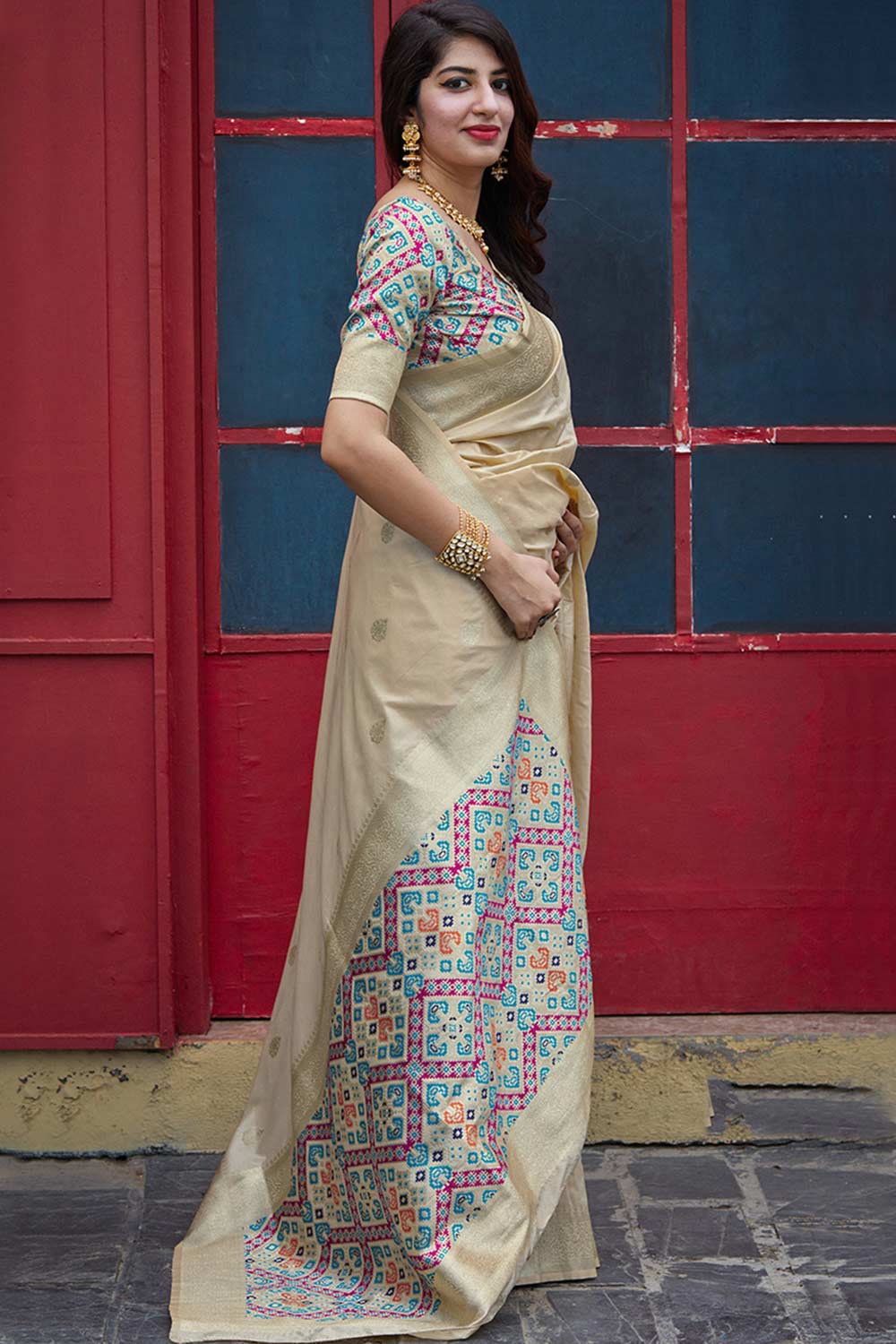 Buy Banarasi Art Silk Zari Woven Saree in Beige - Back