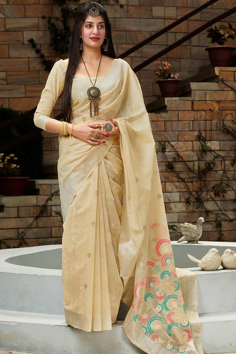 Buy Banarasi Art Silk Zari Woven Saree in Cream Online