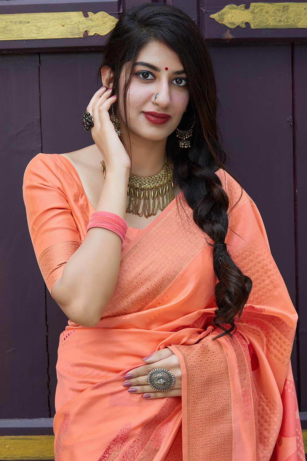 Buy Banarasi Art Silk Zari Woven Saree in Peach - Back