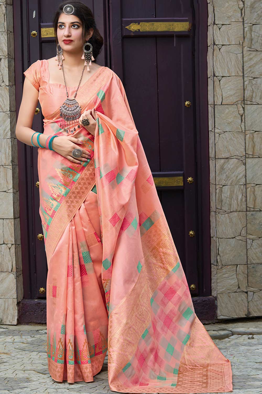 Buy Banarasi Art Silk Zari Woven Saree in Light Peach Online