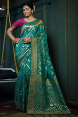 Teal Blue Art Silk Zari Saree