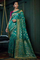 Teal Blue Art Silk Zari Saree