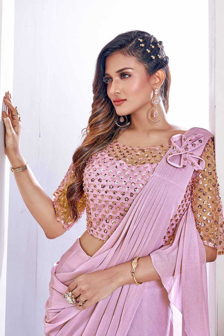 Pink Imported Metallic Embellished Ready To Wear Saree With Stitched Blouse
