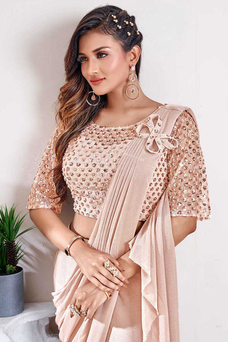 Peach Imported Metallic Embellished Ready To Wear Saree With Stitched Blouse