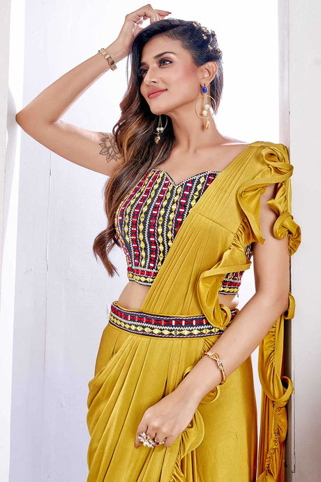 Mustard Imported Lycra Embellished Ready To Wear Saree With Stitched Blouse