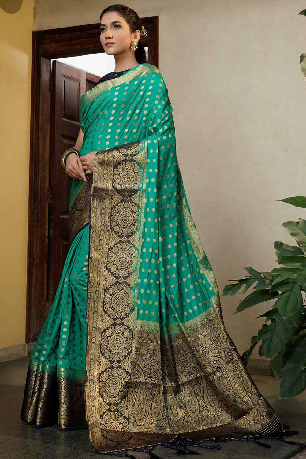 Turquoise Art Silk Zari Saree