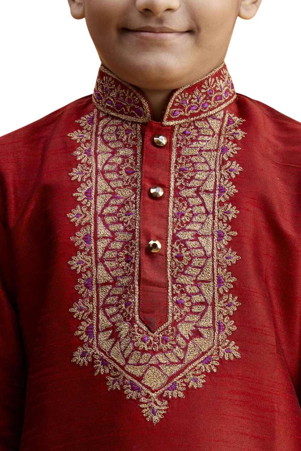 Boys Maroon Silk Neck Embroidered Kurta Pyjama Set